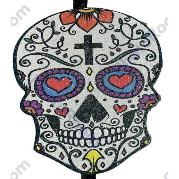 -HALLOWEEN Day of The Dead Sugar Skulls Glittery Wall Hanging Decor Sign - Picture 5 of 7